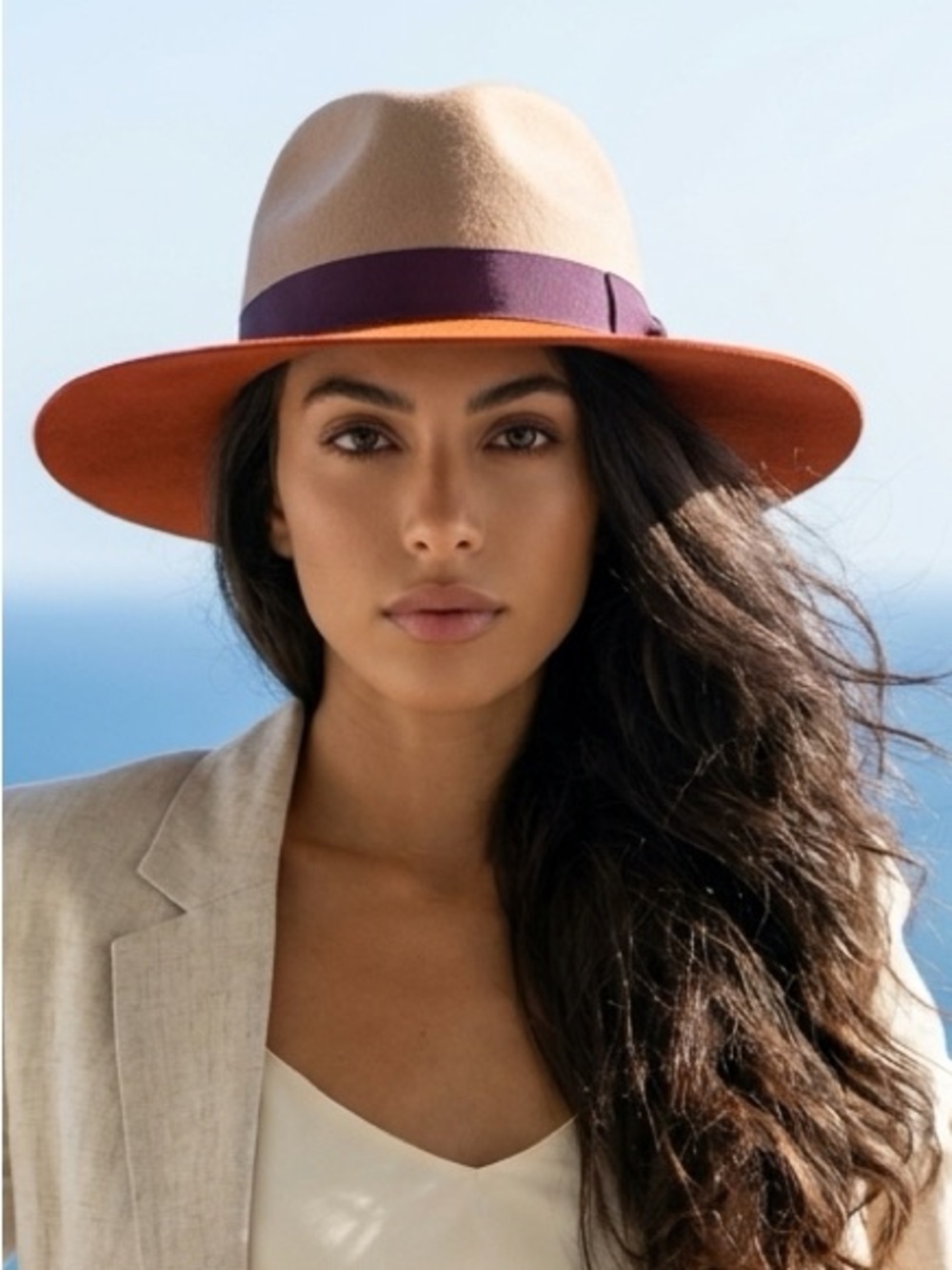 EUC TopShop Women’s Two-Tone Felt Fedora Hat - Tan and Rust with Purple Band (L)